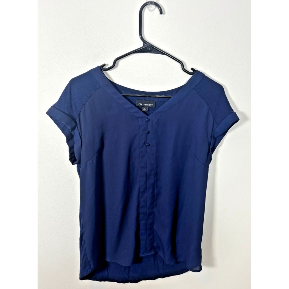 Fortune+Ivy Size Small Women's Top Navy Blue Short Sleeve